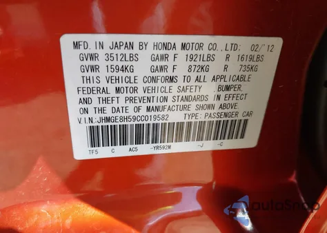 2012 Honda Fit Sport from USA, damaged, VIN JHMGE8H59CC019582